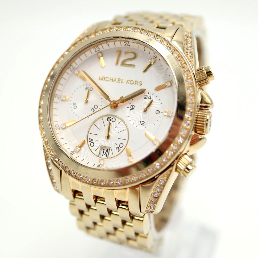 Michael Kors Pressley Women 39mm Chronograph Watch Gold Tone MK5835 New Battery